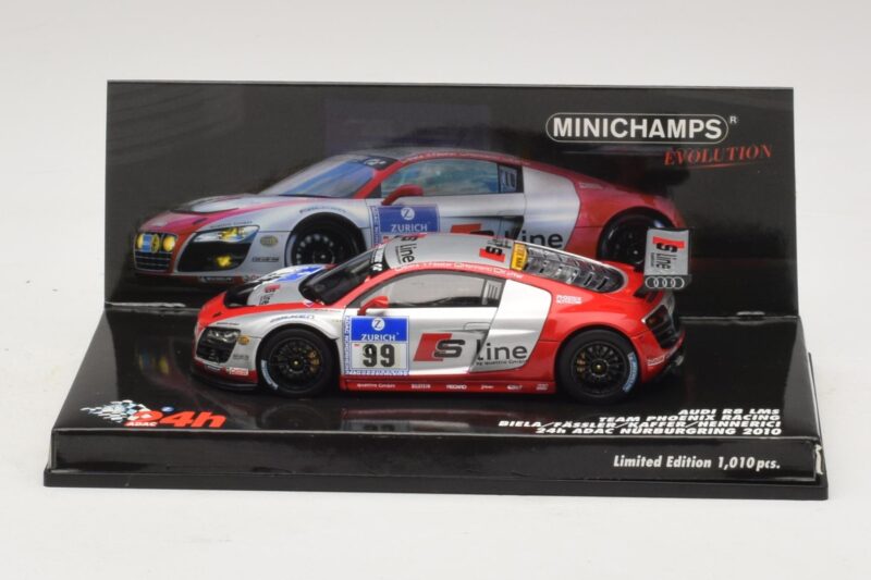 Audi R8 LMS GT3 #99 F. Biela / M. Fassler Phoenix Racing 24 Hours of Nurburgring 2010 Minichamps 1:43 Audi R8 LMS GT3 #99 F. Biela / M. Fassler Phoenix Racing 24 Hours of Nurburgring 2010 Minichamps 1:43 437101999 Métal Moulé