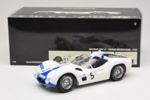 Maserati Tipo 61 #5 S. Moss / D. Gurney Camoradi ADAC 1000km Nurburgring Winner 1960 Minichamps 1:18 100601205 Métal Moulé — image 8 sur 8