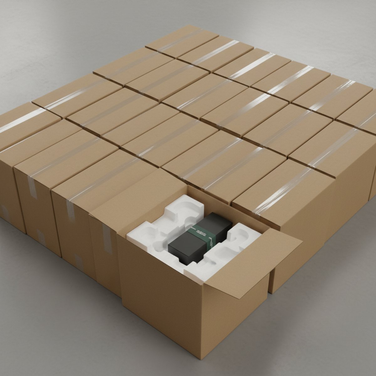 Cartons de commande B2B emballés avec calage de protection, prêts à l'expédition